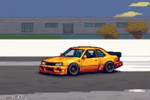 90s japanese drift car, 8 bit style, pixel art, colorful car, drifting at high speed, motion blur