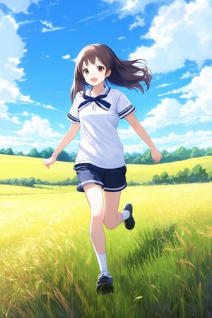 anime, (cute anime girl), running in a field with long grass, happy, dynamic pose, beautiful sky, dreamy scene, good hands, hands behind back
