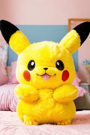 very cute blushing pikachu, realistic photograph of a fluffy pikachu, stuffed animal in a colorful kids bedroom