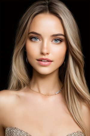 (best quality, 4K, 8K, high-resolution, masterpiece), sharp,ultra-detailed, realistic, photorealistic, woman, long hair, looking at viewer, blue eyes, simple background, jewelry, tanned skin, black background, portrait,perfect teeth
