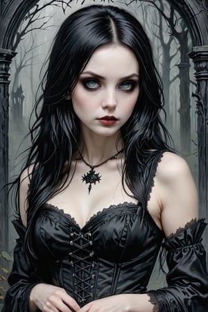 (best quality, 4K, 8K, high-resolution, masterpiece), sharp,ultra-detailed, realistic, photorealistic, woman, long hair, looking at viewer, black hair, pale skin, emo, goth, gothic girl, spooky background
