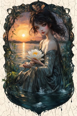 (An ornate Art Nouveau style masterpiece, luminism, dark tales, double exposure art reminiscent of Andy Kehoe, detailed ink, liquid ink, paint dripping, action painting, transparency, a close-up detailed filigree of a gracious young water spirit lady holding a white water lily at sunset, in the style of Alfons Mucha, with a dynamic pose, sharp eyes, a detailed face, a cute yet scary appearance, art depicted on cracked paper, vintage, with tiny and beautiful details, mystical, an intricate pose, evoking the works of Ray Caesar and James Jean, fairytale-like, with a patchwork of tiny, intricate details), Detailed Textures, high quality, high resolution, high Accuracy, realism, color correction, Proper lighting settings, harmonious composition, Behance works,majien