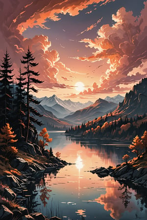 pic of a magnificent sunset over a mountainous landscape, where the high peaks are bathed in a golden light and the sky is painted with soft shades of orange and pink. The clouds extend in dramatic shapes, criando uma cena deslumbrante e serena. No primeiro plano, There is a tranquil lake reflecting the beauty of the sky, while silhouetted trees add a touch of mystery to the landscape. The balanced composition and vastness of nature captured in a convey a sense of calm and wonder at the grandeur of the natural setting. 