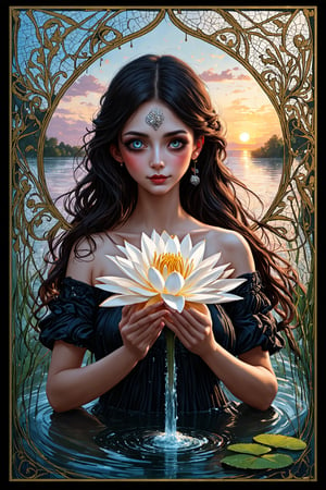 (An ornate Art Nouveau style masterpiece, luminism, dark tales, double exposure art reminiscent of Andy Kehoe, detailed ink, liquid ink, paint dripping, action painting, transparency, a close-up detailed filigree of a gracious young water spirit lady holding a white water lily at sunset, in the style of Alfons Mucha, with a dynamic pose, sharp eyes, a detailed face, a cute yet scary appearance, art depicted on cracked paper, vintage, with tiny and beautiful details, mystical, an intricate pose, evoking the works of Ray Caesar and James Jean, fairytale-like, with a patchwork of tiny, intricate details), Detailed Textures, high quality, high resolution, high Accuracy, realism, color correction, Proper lighting settings, harmonious composition, Behance works,majien