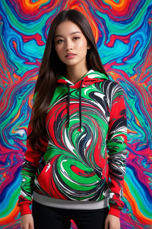 A stunning portrait of a young woman dressed in a vibrant, multicolored hoodie with swirling patterns of green, Red, black, white, and teal. Her long, flowing hair cascades down her shoulders, complementing the intricate design of her outfit. The background mirrors the psychedelic patterns of her attire, creating a seamless, mesmerizing effect. The woman's expression is calm and confident, her gaze directed towards the viewer. The overall scene exudes a sense of bold, artistic flair and modern fashion.,pixar style,Enhance