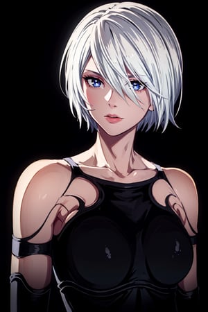 Highly Detailed, High Quality, Masterpiece, Beautiful, First Shot, 1girl, solo, A2 from Nier Automata, Anime Style, White Hair, Short Hair, Dark Background, Amoled Background