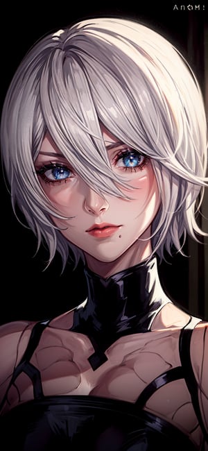 highly detailed, high quality, masterpiece, beautiful, face shot, full black backgroud, amoled backgroud, yorha type a no. 2, blue eyes, white hair, short hair,A2, wallpaper phone