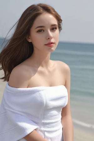 1girl, solo, brown_hair, bare_shoulders, realistic, dress, looking_at_viewer, lips, grey_background, upper_body, ((white_towel)), big  boob collarbone, simple_background, long_hair, strapless,xxmix_girl  . beach background