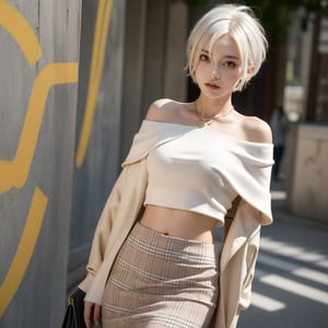 In a vibrant urban setting, a young woman leans confidently against a graffiti-covered shutter. Her attire is a striking combination of a fitted orange crop top and a chic Burberry check skirt, emphasizing her modern, stylish look. Her expression is a mix of confidence and contemplation, adding depth to the urban backdrop. The scene captures the essence of contemporary fashion and street style, blending the raw energy of the city with the elegance of modern clothing, realistic photo,1girl,close_up,((white very short hair,hair over one eye)),(white hair),Best Quality, 32k, photorealistic, ultra-detailed, finely detailed, high resolution, perfect dynamic composition, beautiful detailed eyes, sharp-focus,tan,(looking at viewer), looking_at_viewer, front_view,off shoulder