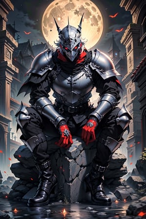 very detailed, high quality, masterpiece, beautiful (mid-length shot), 1 boy alone black knight, sitting on a stone sad, thoughtful, (red eyes, muscular), black medieval helmet, black bib, black pants, black boots under the night in a full moon.