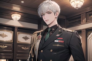 1 man, solo, ((white short hair)), ((side part bangs)), green eyes, mature, ((thin:1.5)), (((slim figure:1.5))), (((narrow shoulders:1.5))), side-parting bangs, handsome, angular jaw, thick neck, military, soldier, army, (Slim-fit Suit:1.1), long sleeve, by Raphael, masterpiece, upper body shot, magnificent indoor hall