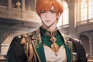 1 man, ((orange short curly hair)), (freckle), green eyes, handsome, angular jaw, thick neck, shy, royal, prince, upper body, male focus, (((school uniform:1.3))), long sleeve, by Raphael, masterpiece, upper body shot, magnificent indoor hall