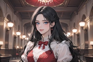 1 teen girl, solo, ((Black hair)), center parthair, straight long hair, blue eyes, evil smile, Red Bows, wearing a ((red Romanticism dress)), black lace, by Raphael, masterpiece, upper body shot, magnificent indoor hall