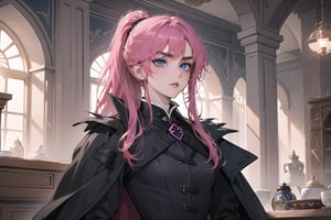 1 teen girl, solo, 1 teen girl, solo, ((Fuchsia hair)), (thick eyebrows), (small chest:1.1), bangs, long ponytail, blue eyes, ready for battle, wearing a ((black Greatcoat)), long sleeve, by Raphael, masterpiece, upper body shot, magnificent indoor hall