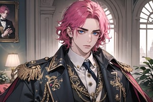 1man, mature, (((Fuchsia hair))), ((thick eyebrows)), ((Medium score)), To reveal the forehead, ((Split head)), ((messy hair)), ((wavy curly hair)), short hair, blue eyes, mature, handsome, angular jaw, thick neck, serious, ready for battle, jacket, upper body, male focus, uniform, (Frock Coat:1.3), long sleeve, by Raphael, masterpiece, upper body shot, magnificent indoor hall
