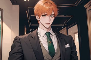 1 man, ((orange short curly hair)), (freckle), green eyes, handsome, shy, angular jaw, thick neck, upper body, male focus, (((simple suit:1.3))), long sleeve, by Raphael, masterpiece, upper body shot, magnificent indoor hall