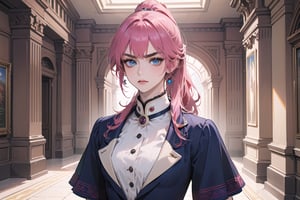 1 teen girl, solo, 1 teen girl, solo, ((Fuchsia hair)), (thick eyebrows), (small chest:1.1), (bangs), ((long ponytail)), blue eyes, mad, wearing a (navy suit)), short sleeve, by Raphael, masterpiece, upper body shot, magnificent indoor hall