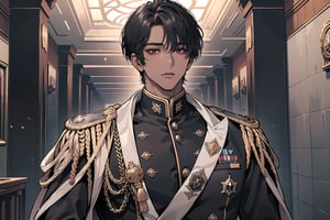 1 man, solo, ((black very short hair)), (((dark skin:1.5))), (((center-parting bangs:1.5))), black eyes, mature, ((thin:1.5)), (((slim figure:1.5))), (((narrow shoulders:1.5))), handsome, angular jaw, thick neck, military, soldier, army, (military uniform:1.3), long sleeve, by Raphael, masterpiece, upper body shot, magnificent indoor hall