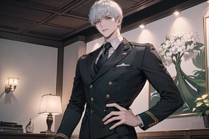 1 man, solo, ((white short hair)), green eyes, mature, ((thin:1.5)),(((slim figure:1.5))), (((narrow shoulders:1.5))), side-parting bangs, handsome, angular jaw, thick neck, military, soldier, army, (Slim-fit Suit:1.1), long sleeve, by Raphael, masterpiece, upper body shot, magnificent indoor hall