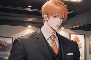 1 man, ((orange short curly hair)), (freckle), green eyes, handsome, shy, angular jaw, thick neck, upper body, male focus, (((simple suit:1.3))), long sleeve, by Raphael, masterpiece, upper body shot, magnificent indoor hall