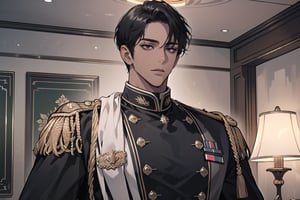 1 man, solo, ((black very short hair)), (((dark skin:1.5))), black eyes, mature, ((thin:1.5)), (((slim figure:1.5))), (((narrow shoulders:1.5))), side-parting bangs, handsome, angular jaw, thick neck, military, soldier, army, (military uniform:1.3), long sleeve, by Raphael, masterpiece, upper body shot, magnificent indoor hall