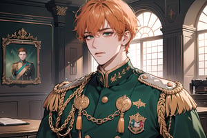 1 man, ((orange short curly hair)), (freckle), green eyes, handsome, angular jaw, thick neck, shy, royal, prince, upper body, male focus, (((simple military uniform:1.3))), long sleeve, by Raphael, masterpiece, upper body shot, magnificent indoor hall