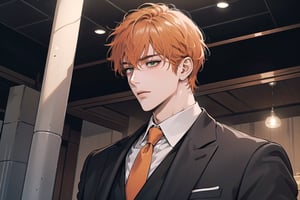 1 man, ((orange short curly hair)), (freckle), green eyes, handsome, shy, angular jaw, thick neck, upper body, male focus, (((simple suit:1.3))), long sleeve, by Raphael, masterpiece, upper body shot, magnificent indoor hall