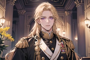 1man, mature, ((Goldenrod hair)), ((long coli hair)), (((half-down))), ((purple eyes)), mature, ((Medium score)), To reveal the forehead, handsome, angular jaw, thick neck, serious, ready for battle, royal, prince, upper body, male focus, (milatary uniform:1.3), long sleeve, by Raphael, masterpiece, upper body shot, magnificent indoor hall