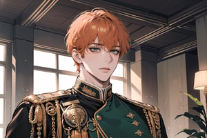 1 man, ((orange short curly hair)), (freckle), green eyes, handsome, angular jaw, thick neck, shy, royal, prince, upper body, male focus, (((simple military uniform:1.3))), long sleeve, by Raphael, masterpiece, upper body shot, magnificent indoor hall