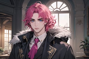 (((Fuchsia hair))), ((thick eyebrows)), ((Medium score)), To reveal the forehead, ((Split head)), ((messy hair)), ((wavy curly hair)), short hair, blue eyes, mature,1man, mature, handsome, angular jaw, thick neck, serious, ready for battle, jacket, upper body, male focus, uniform, (Morning Coat:1.3), long sleeve, by Raphael, masterpiece, upper body shot, magnificent indoor hall
