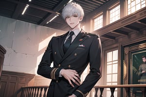 1 man, solo, ((white short hair)), green eyes, mature, ((thin:1.5)),(((slim figure:1.5))), (((narrow shoulders:1.5))), side-parting bangs, handsome, angular jaw, thick neck, military, soldier, army, (Slim-fit Suit:1.1), long sleeve, by Raphael, masterpiece, upper body shot, magnificent indoor hall