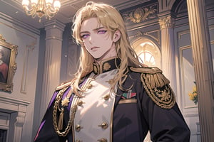 1man, mature, ((Goldenrod hair)), ((long coli hair)), (((half-down))), ((purple eyes)), mature, ((Medium score)), To reveal the forehead, handsome, angular jaw, thick neck, serious, ready for battle, royal, prince, upper body, male focus, (milatary uniform:1.3), long sleeve, by Raphael, masterpiece, upper body shot, magnificent indoor hall