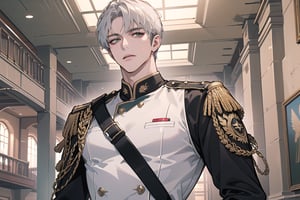 1 man, solo, ((white short hair)), green eyes, mature, ((thin, narrow shoulders, slim)),(((slim figure:1.5))), (((narrow shoulders:1.5))), handsome, angular jaw, thick neck, military, soldier, army, (military uniform:1.1), long sleeve, by Raphael, masterpiece, upper body shot, magnificent indoor hall
