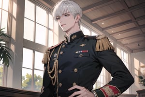 1 man, solo, ((white short hair)), green eyes, mature, ((thin:1.5)),(((slim figure:1.5))), (((narrow shoulders:1.5))), side-parting bangs, handsome, angular jaw, thick neck, military, soldier, army, (military uniform:1.3), long sleeve, by Raphael, masterpiece, upper body shot, magnificent indoor hall