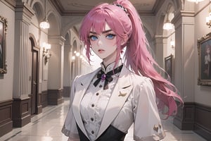 1 teen girl, solo, 1 teen girl, solo, ((Fuchsia hair)), (thick eyebrows), (small chest:1.1), (bangs), ((long ponytail)), blue eyes, mad, wearing a (white suit)), short sleeve, by Raphael, masterpiece, upper body shot, magnificent indoor hall