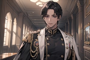 1 man, solo, ((black very short hair)), (((dark skin:1.5))), (((center-parting bangs:1.5))), black eyes, mature, ((thin:1.5)), (((slim figure:1.5))), (((narrow shoulders:1.5))), handsome, angular jaw, thick neck, military, soldier, army, (military uniform:1.3), long sleeve, by Raphael, masterpiece, upper body shot, magnificent indoor hall