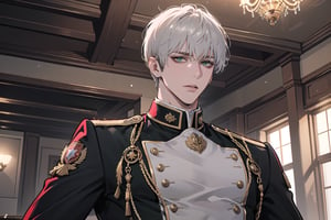 1 man, solo, ((white short hair)), green eyes, mature, ((thin:1.5)),(((slim figure:1.5))), (((narrow shoulders:1.5))), side-parting bangs, handsome, angular jaw, thick neck, military, soldier, army, (Mod Suit:1.1), long sleeve, by Raphael, masterpiece, upper body shot, magnificent indoor hall