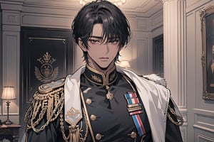 1 man, solo, ((black very short hair)), (((dark skin:1.5))), (((center-parting bangs:1.5))), black eyes, mature, ((thin:1.5)), (((slim figure:1.5))), (((narrow shoulders:1.5))), handsome, angular jaw, thick neck, military, soldier, army, (military uniform:1.3), long sleeve, by Raphael, masterpiece, upper body shot, magnificent indoor hall