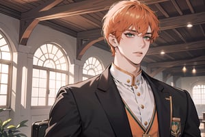 1 man, ((orange short curly hair)), (freckle), green eyes, handsome, angular jaw, thick neck, shy, royal, prince, upper body, male focus, (((school uniform:1.3))), long sleeve, by Raphael, masterpiece, upper body shot, magnificent indoor hall