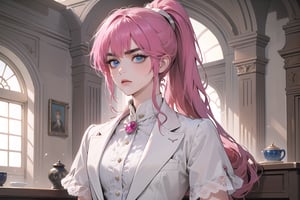 1 teen girl, solo, 1 teen girl, solo, ((Fuchsia hair)), (thick eyebrows), (small chest:1.1), (bangs), ((long ponytail)), blue eyes, mad, wearing a (white suit)), short sleeve, by Raphael, masterpiece, upper body shot, magnificent indoor hall