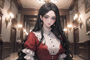 1 teen girl, solo, ((Black hair)), center parthair, straight long hair, blue eyes, evil amile, Red Bows, wearing a ((red Romanticism dress)), black lace, by Raphael, masterpiece, upper body shot, magnificent indoor hall