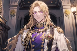 1man, mature, ((Goldenrod hair)), ((long coli hair)), (((half-down))), ((purple eyes)), mature, ((Medium score)), To reveal the forehead, handsome, angular jaw, thick neck, serious, ready for battle, royal, prince, upper body, male focus, (milatary uniform:1.3), long sleeve, by Raphael, masterpiece, upper body shot, magnificent indoor hall