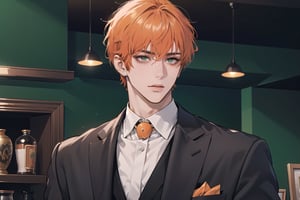 1 man, ((orange short curly hair)), (freckle), green eyes, handsome, shy, angular jaw, thick neck, upper body, male focus, (((simple suit:1.3))), long sleeve, by Raphael, masterpiece, upper body shot, magnificent indoor hall