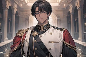 1 man, solo, ((black short hair)), (((dark skin:1.5))), (((center-parting bangs:1.5))), black eyes, mature, ((thin:1.5)), (((slim figure:1.5))), (((narrow shoulders:1.5))), handsome, angular jaw, thick neck, ready for battle, military, soldier, army, (military uniform:1.3), long sleeve, by Raphael, masterpiece, upper body shot, magnificent indoor hall