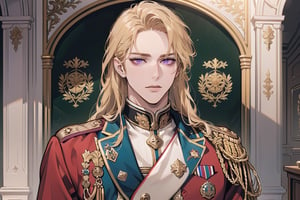 1 man, ((Goldenrod hair)), ((long straight hair)), (purple eyes), ((Medium score)), To reveal the forehead, handsome, angular jaw, thick neck, serious, royal, prince, upper body, male focus, (((military uniform:1.3))), long sleeve, by Raphael, masterpiece, upper body shot, magnificent indoor hall