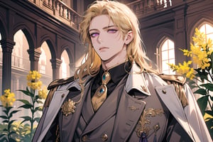 1man, mature, ((Goldenrod hair)), ((long coli hair)), purple eyes, mature, ((Medium score)), To reveal the forehead, handsome, angular jaw, thick neck, serious, ready for battle, royal, prince, upper body, male focus, (Frock Coat:1.3), long sleeve, by Raphael, masterpiece, upper body shot, magnificent indoor hall