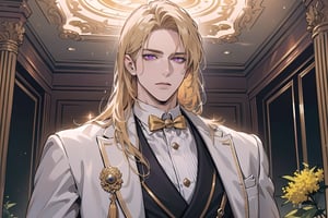 1man, mature, ((Goldenrod hair)), ((long coli hair)), (((half-down))), (purple eyes), mature, ((Medium score)), To reveal the forehead, handsome, angular jaw, thick neck, serious, ready for battle, royal, prince, upper body, male focus, (((White Three-piece Suit:1.3))), long sleeve, by Raphael, masterpiece, upper body shot, magnificent indoor hall