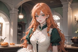 1 teen girl, solo, ((Tangerine hair)), (freckle), (twin braids), long wavy hair, green eyes, shy, wearing a (lovely Romanticism Gown)), short sleeve, by Raphael, masterpiece, upper body shot, magnificent indoor hall