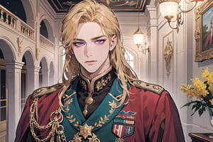 1 man, ((Goldenrod hair)), ((long straight hair)), (purple eyes), ((Medium score)), To reveal the forehead, handsome, angular jaw, thick neck, serious, royal, prince, upper body, male focus, (((military uniform:1.3))), long sleeve, by Raphael, masterpiece, upper body shot, magnificent indoor hall