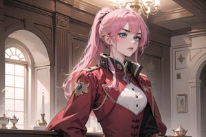 1 teen girl, solo, 1 teen girl, solo, ((Fuchsia hair)), (thick eyebrows), (small chest:1.1), (bangs), long ponytail, blue eyes, ready for battle, wearing a (red Greatcoat)), long sleeve, by Raphael, masterpiece, upper body shot, magnificent indoor hall